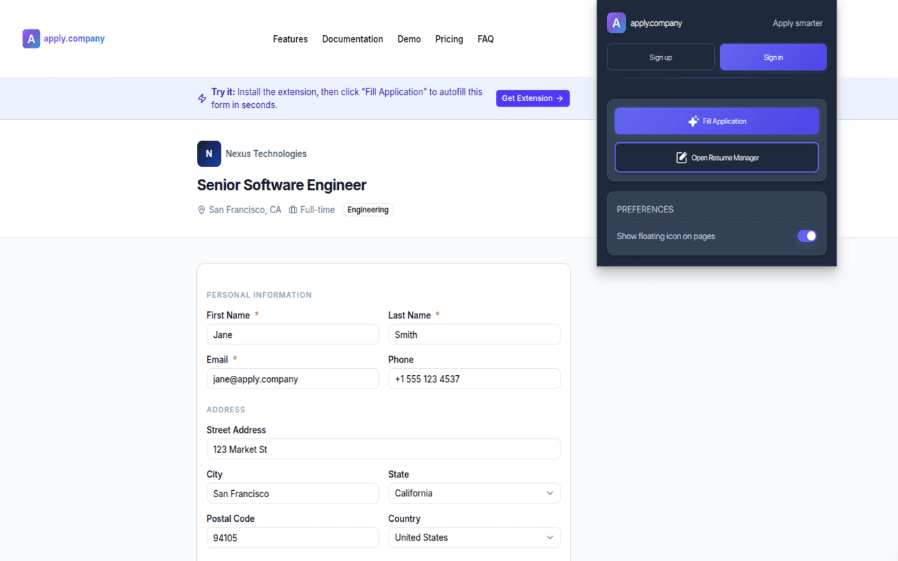 Extension screenshot showing the apply.company autofill in action